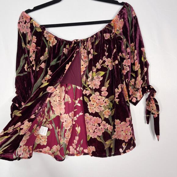 Francescas S Burgundy Red Floral Velvet Off The Shoulder Blouse Top Split Back - Picture 6 of 11